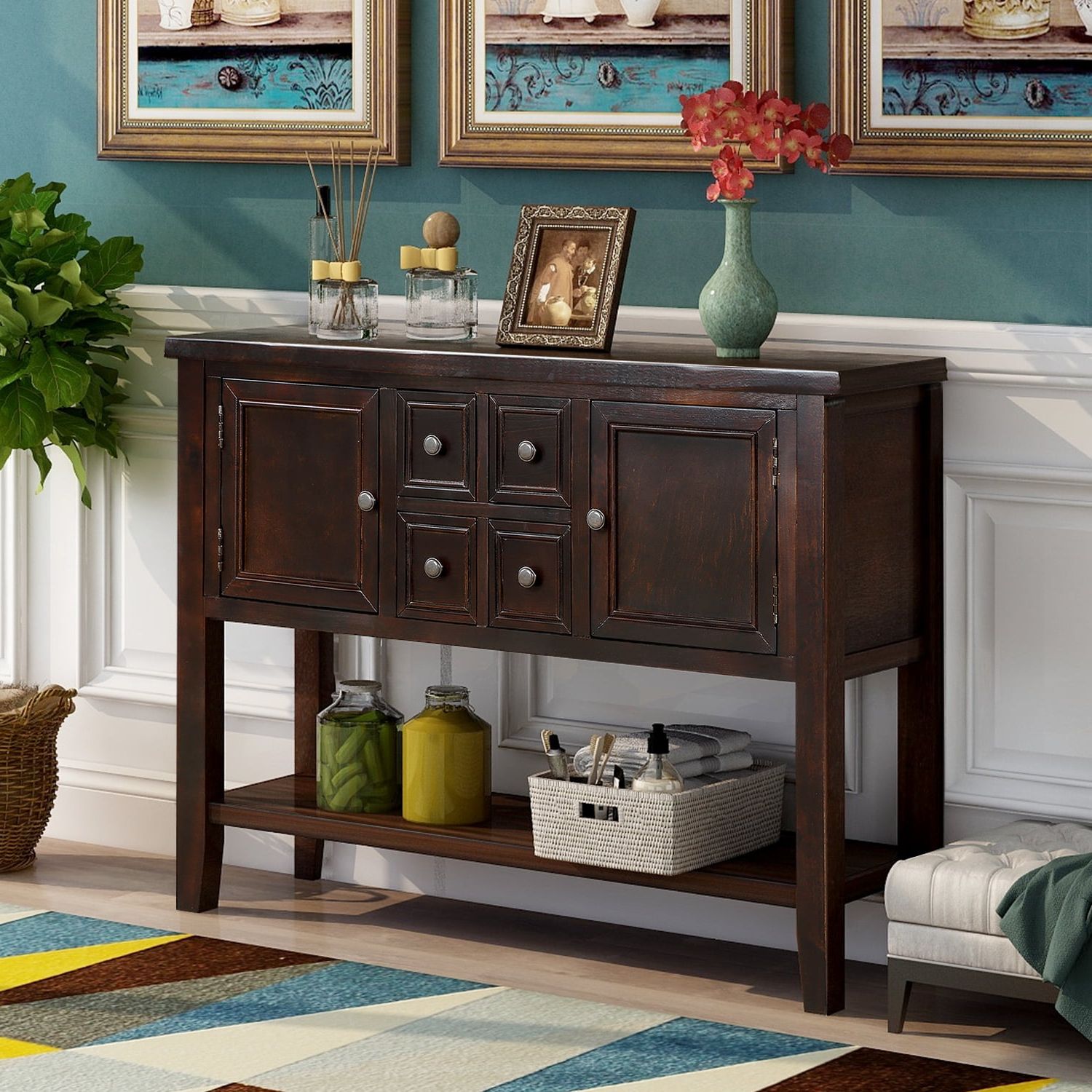 Storage Cabinet Sideboards In Most Recently Released Sideboards And Buffets, 46" Buffet Cabinet Sideboard With 4 Storage Drawers  2 Cabinets And Bottom Shelf, Wood Console Table Storage Cabinet For Dining  Room Home Furniture, Espresso, L2432 – Walmart (Photo 7 of 10)