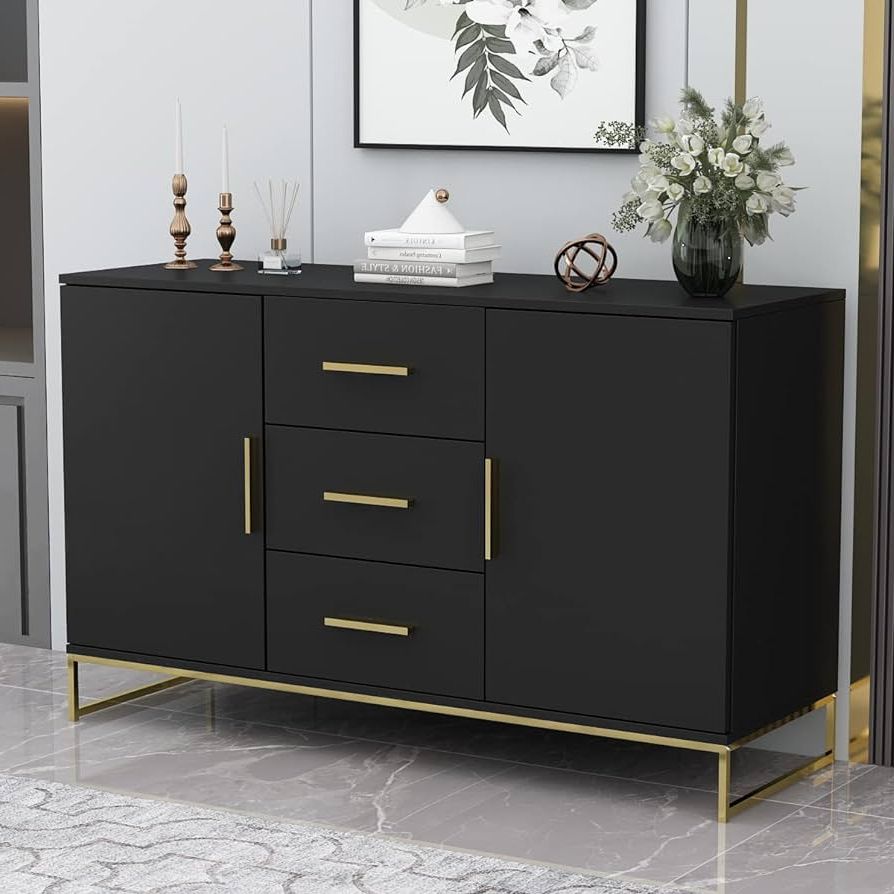 Trendy Amazon – Aiegle Sideboard Buffet Storage Cabinet With 3 Drawers & 2  Doors, Kitchen Entryway Cupboard With Gold Metal Legs, Black (47.2" L X  15.7" W X  (View 3 of 10)