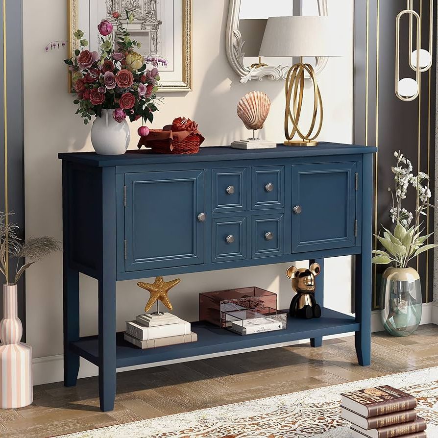 Trendy Amazon: Lz Leisure Zone Console Table, Wood Buffet Sideboard Retro  Style Wood With Bottom Shelf, Storage Cabinet & Drawers For Living  Room/kitche/entryway, Antique Navy : Home & Kitchen With Entry Console Sideboards (Photo 1 of 10)