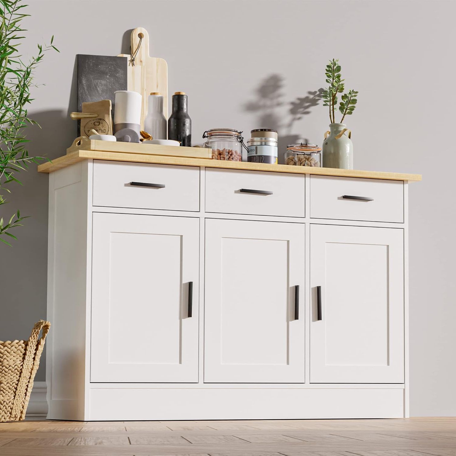 Trendy Sideboard Storage Cabinet With 3 Drawers & 3 Doors Inside Cozy Castle Kitchen Buffet Cabinet, Kitchen Storage France (View 6 of 10)