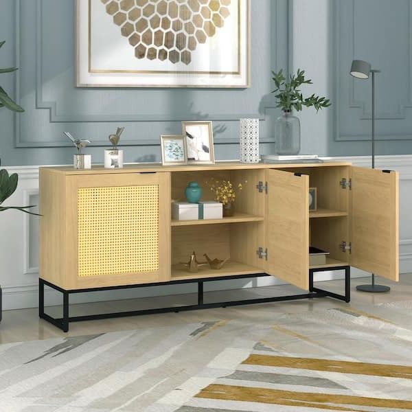 Urtr Wicker Natural Sideboard Storage Cabinet With 3 Doors, Wooden Mdf Console  Table Kitchen Dining Room Storage Cupboard T 01374 – The Home Depot With Regard To Most Recent Sideboards Cupboard Console Table (View 6 of 10)