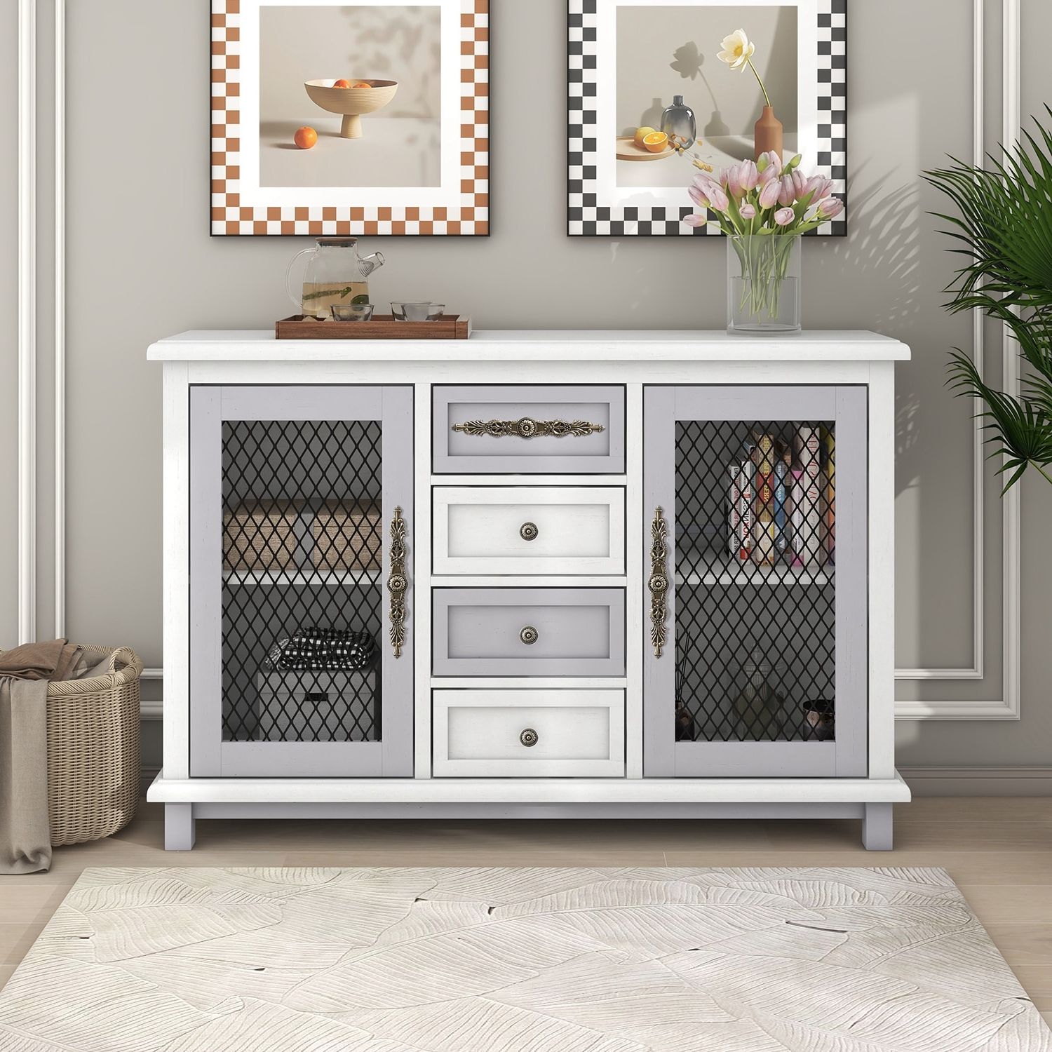 Well Known Sideboards With Breathable Mesh Doors Throughout Retro Buffets Sideboard Cabinet With 4 Drawers And 2 Iron Mesh Doors – On  Sale – Bed Bath & Beyond –  (View 4 of 10)