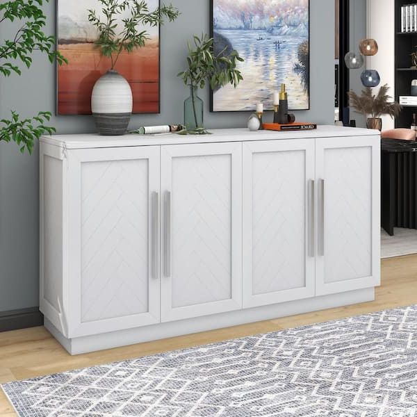 White Wood 60 In. 4 Doors Sideboard Buffet Cabinet With Adjustable Shelves  And Large Storage Space Fy Xw000013aak – The Home Depot Within Current Buffet Cabinet Sideboards (Photo 1 of 10)