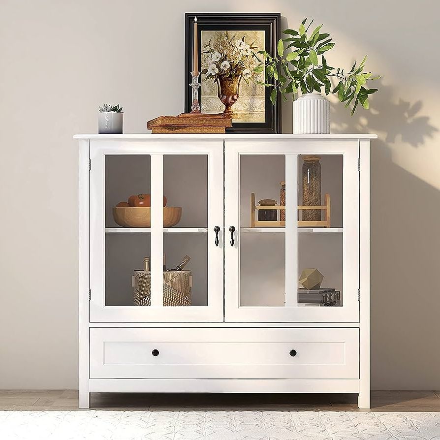 Wide Buffet Cabinets For Dining Room For Favorite Amazon – Rasoo Modern Buffet Cabinet White Double Glass Doors With  Unique Bell Handles And Big Drawers Sideboard Cabinet Kitchen Cupboard  Dining Room Hallway Entryway, 41.4" L X 15.5" W X  (View 6 of 10)