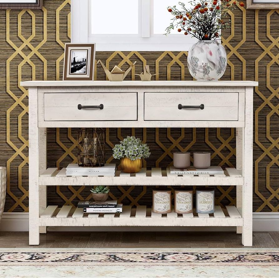 Widely Used Amazon: Daxue Farmhouse White Console Table Sofa Table Wood Sideboard  With 2 Drawers And 2 Tiers Shelves, Accent Table For Entryway Living Room  Hallway Kitchen Storage Cabinets Whitewash Distressed Finish : Home Intended For Entry Console Sideboards (View 6 of 10)