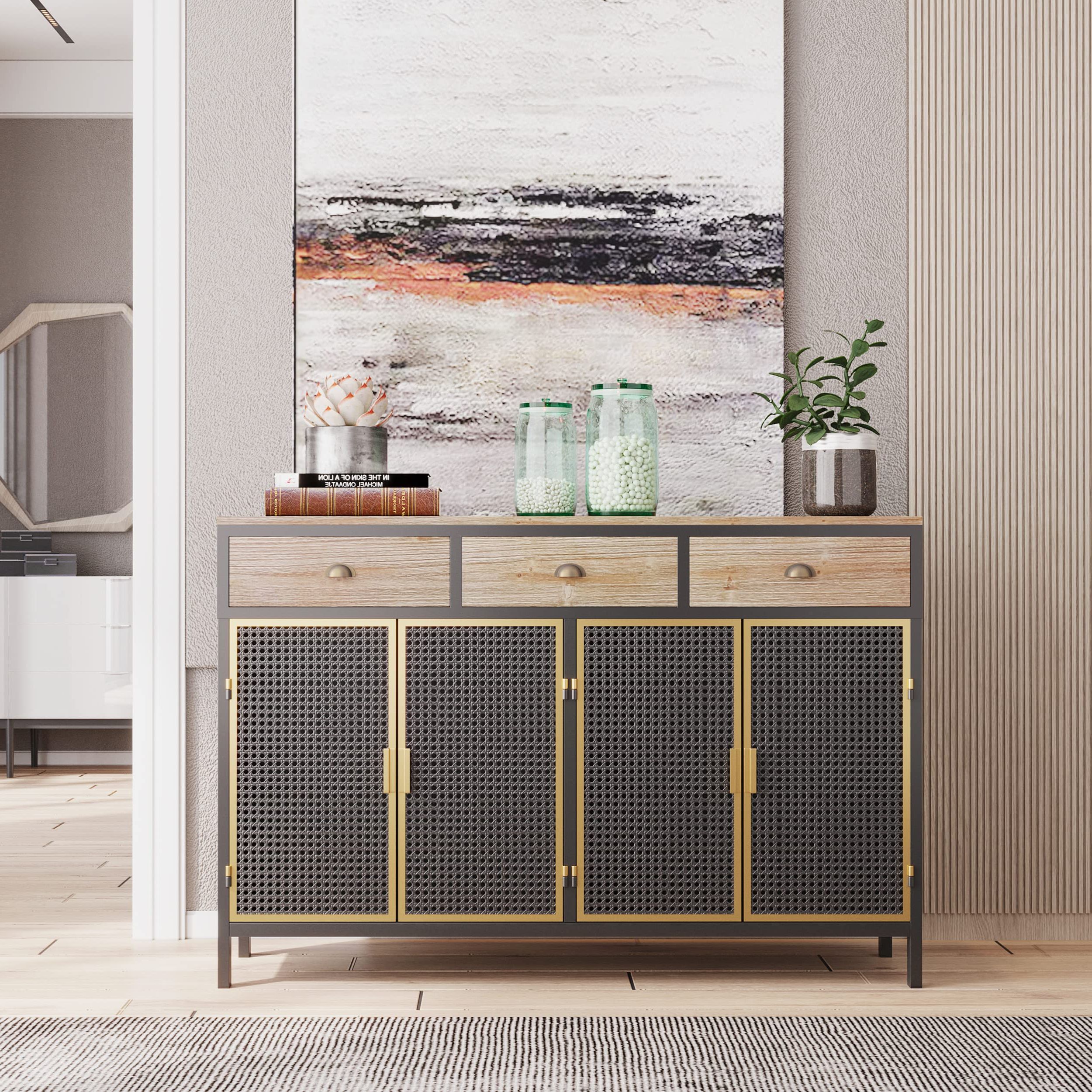 Widely Used Sideboards With Breathable Mesh Doors Inside Amazon: Lamerge Modern Sideboard,47.64" Wide Freestanding Storage  Cabinet With 2 Doors And 3 Top Drawers,carbonized Bamboo,breathable,for  Living Room Office Bedroom, Dark Grey (lms 47) : Home & Kitchen (Photo 5 of 10)