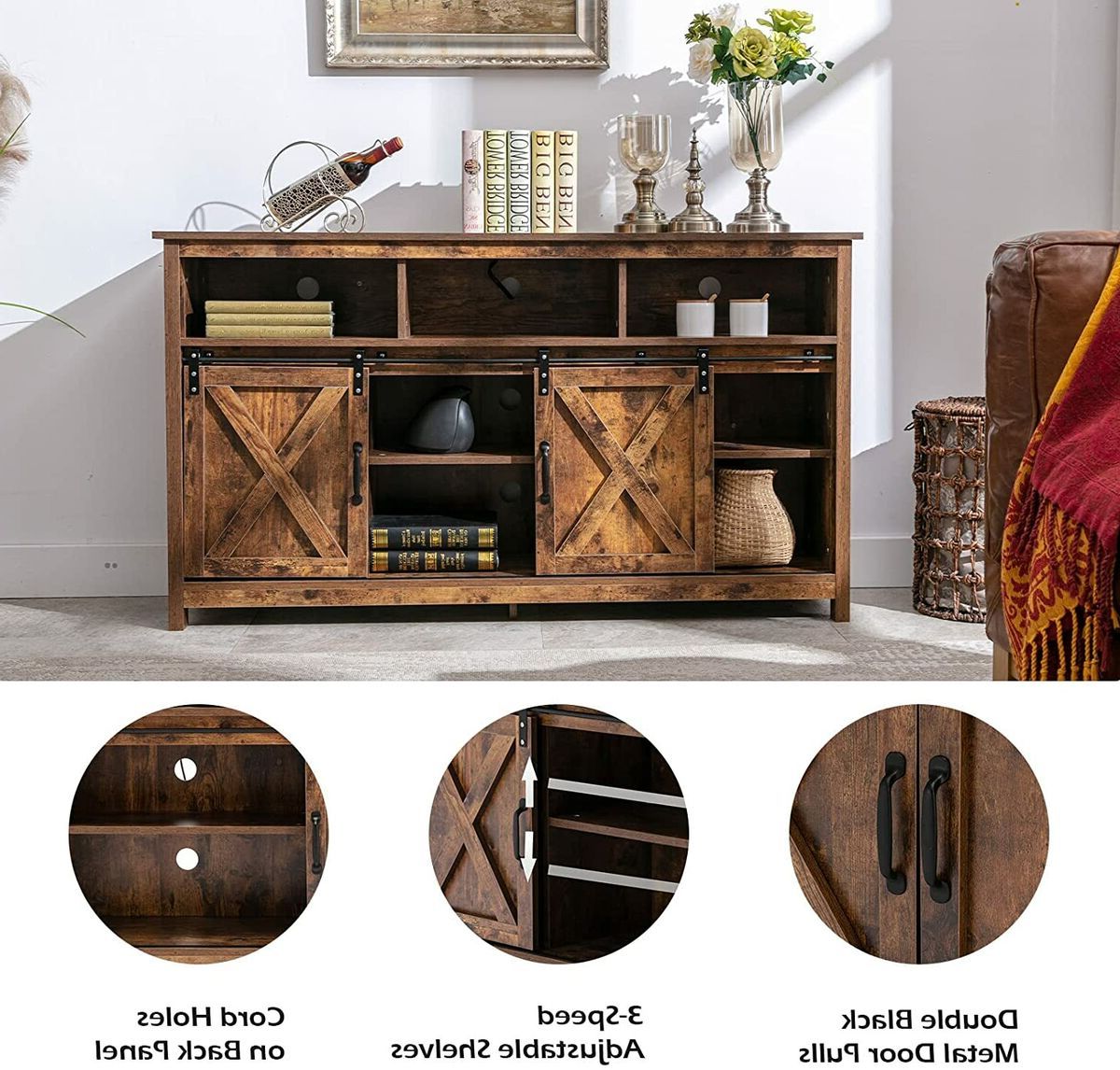 Widely Used Sideboards With Power Outlet Throughout Farmhouse Led Coffee Bar Cabinet Barn Door Sideboard Buffet With Power  Outlet (View 3 of 10)