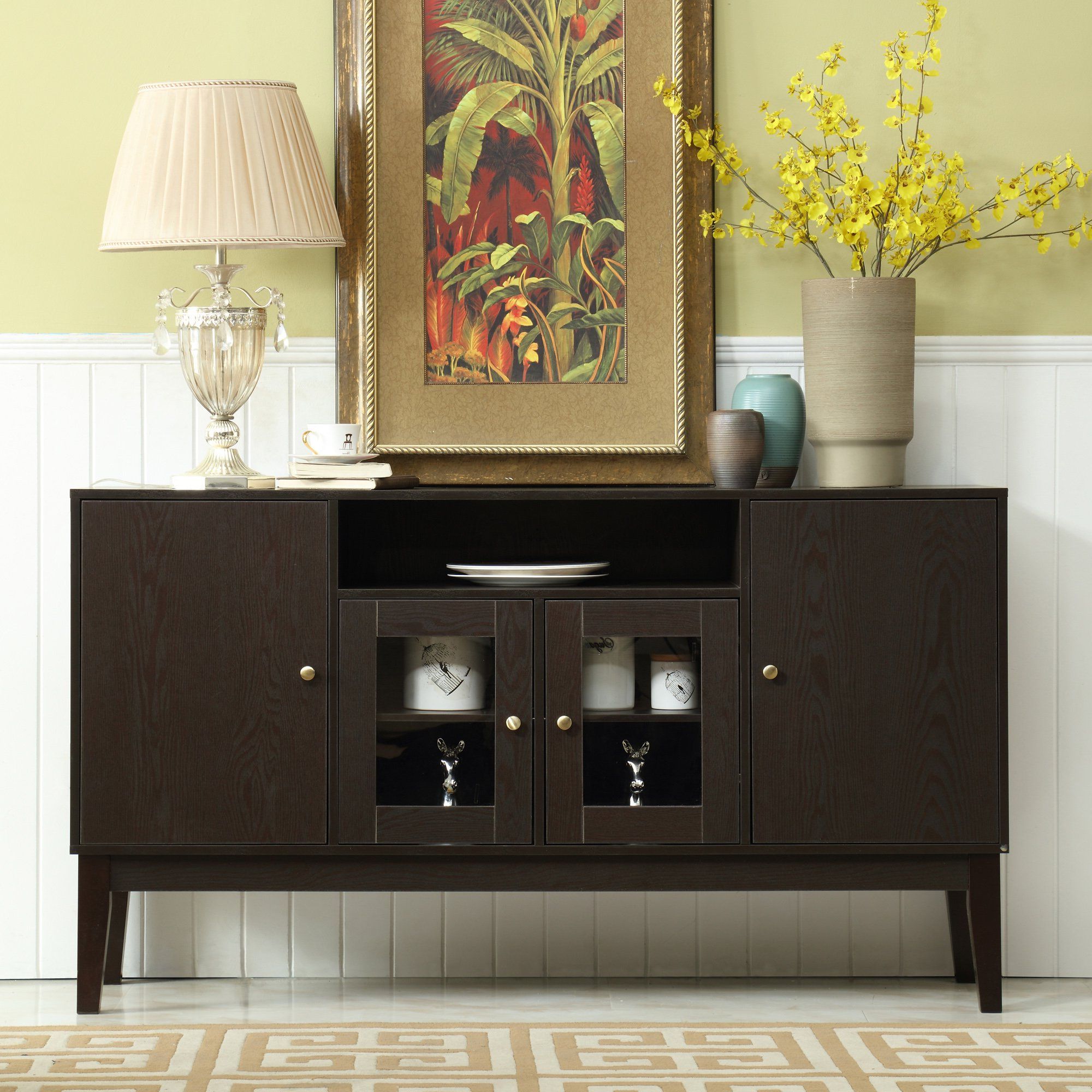 Widely Used Solid Wood Buffet Sideboards Pertaining To Amazon: Mixcept 60" Modern Solid Wood Sideboard Buffet Table Storage  Cabinet Tall Console Table With 4 Doors, Espresso : Home & Kitchen (Photo 8 of 10)