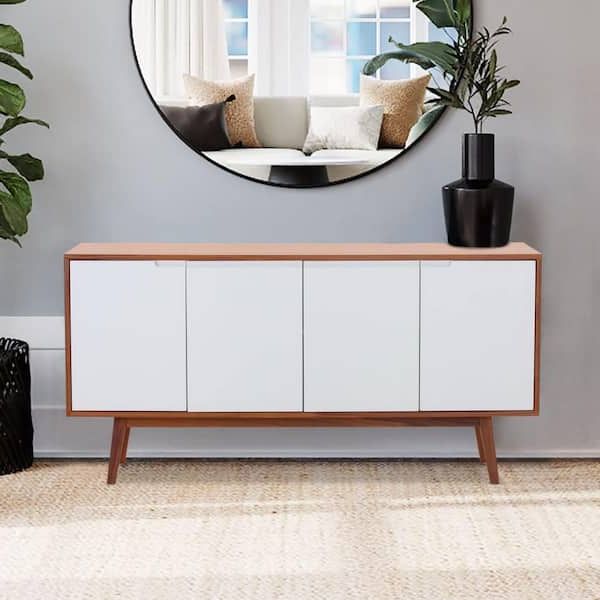 Zeus & Ruta Walnut Wood And White Buffet Table With 4 Doors 2 Adjustable  Shelves Solid Wood Legs Mid Century Modern Console Table Ssi211209 – The  Home Depot With Well Known Mid Century Modern White Sideboards (View 10 of 10)