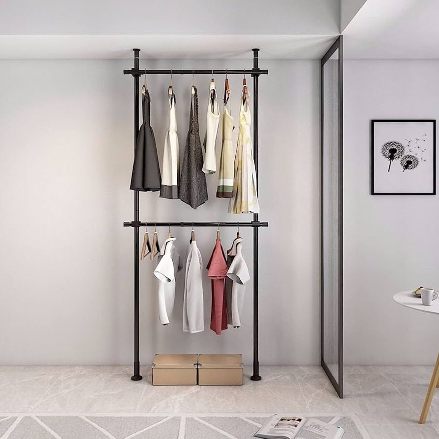 2 Tier Adjustable Wardrobes Regarding Most Current Amazon: Zhfeisy 2 Tier Clothes Rack, Adjustable Clothing Rack For  Hanging Clothes, Heavy Duty Free Standing Garment Racks,floor To Ceiling  Clothes Hanger Closet System For Bedroom Laundry Room, Black : Home &  Kitchen (Photo 2 of 10)