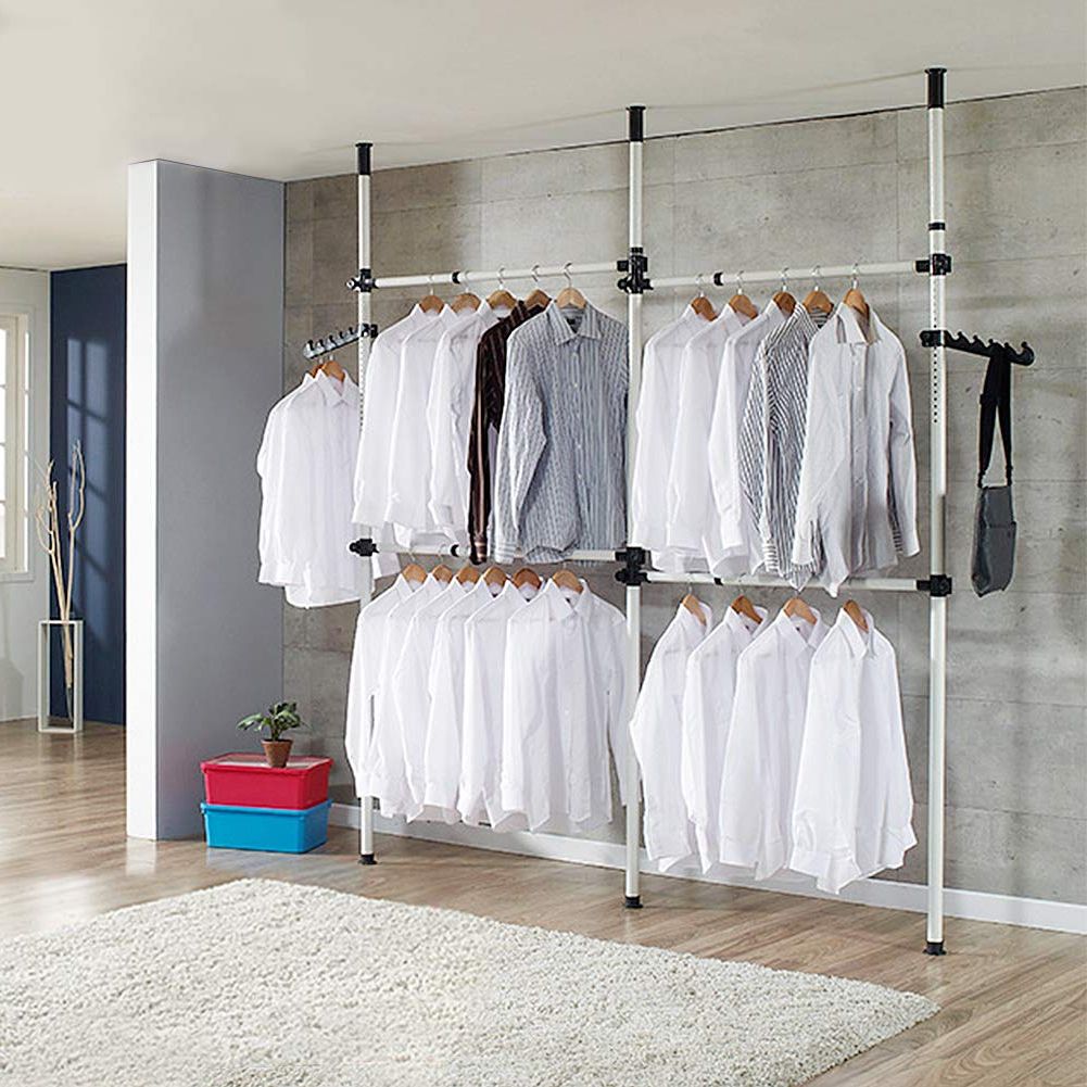 2 Tier Adjustable Wardrobes With Regard To Widely Used Amazon: Adjustable Clothing Rack, 2 Tier Double Rod Clothes Rack  Freestanding Garment Rack Telescopic Closet Hanger For Hanging Clothes,  Floor To Ceiling Rod For Home Bedroom Retail Clothes Organizer : Home & (View 5 of 10)
