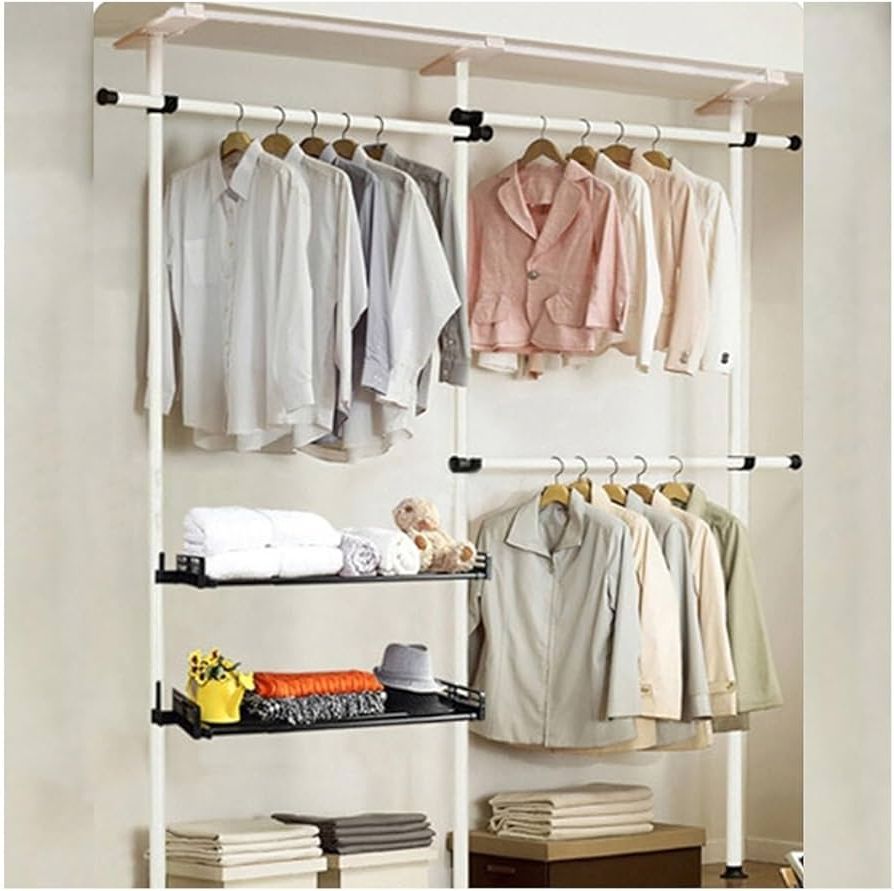 2 Tier Adjustable Wardrobes With Trendy Amazon: 2 Tier Adjustable Closet Organizer Garment Rack, Heavy Duty  Floor To Ceiling Clothes Rack, Storage Free Standing Closet Ceiling Link  Floor Hanger For Home Bedroom (color : Style 1) : Home & Kitchen (Photo 3 of 10)