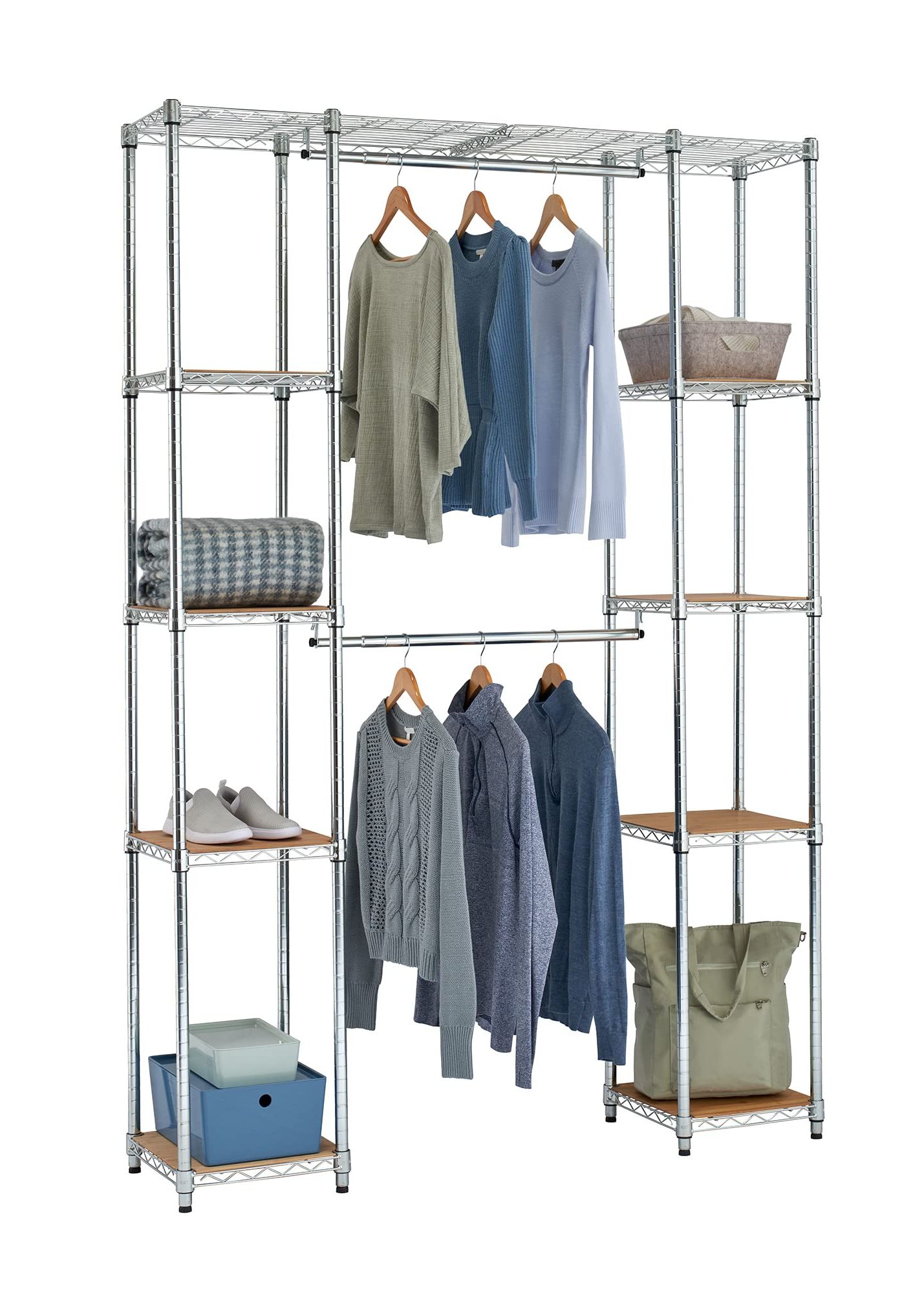2017 Amazon: Trinity Ecostorage Expandable Garment Rack With Bamboo Shelves  For Clothing Storage, Closet Organization For Home, Apartment, Dorm Room  And More, Chrome, 56 76” W X 14” D X 84” H : Everything Else Throughout Chrome Garment Wardrobes (View 3 of 10)