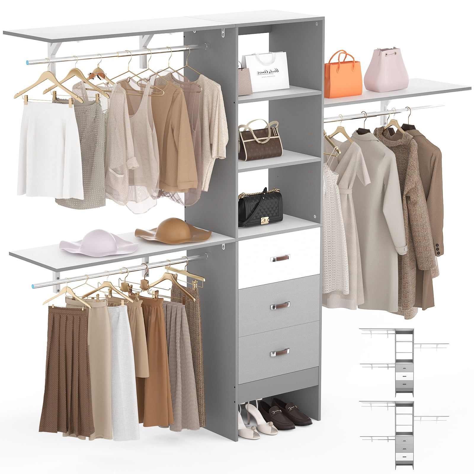 2018 96 Inches Wardrobes Inside Homieasy 96 Inches Closet System, 8ft Walk In Closet Organizer With 3  Shelving Towers, Heavy Duty Clothes Rack With 3 Drawers, Built In Garment  Rack, 96" L X 16" W X 75" H, (Photo 6 of 10)