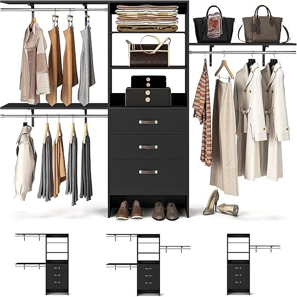 3 Shelving Towers Wardrobes Regarding Most Up To Date Amazon: Armocity 96 Inches Closet System, 8ft Walk In Closet Organizer  With 3 Shelving Towers, Heavy Duty Clothes Rack With 3 Drawers, Built In  Garment Rack, 96" L X 16" W X 75" (View 8 of 10)