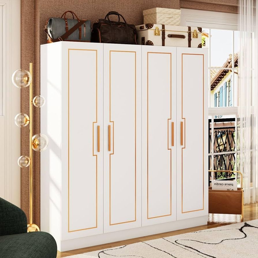 4 Shelf Closet Wardrobes Inside Trendy Amazon: Famapy Armoire Wardrobe Closet 4 Door Wardrobe With Storage  Shelves, Bedroom Armoires Wardrobe Closet With 2 Hanging Rods, Gold  Accents, White (63”w X 18.8”d X 70”h) : Home & Kitchen (Photo 3 of 10)