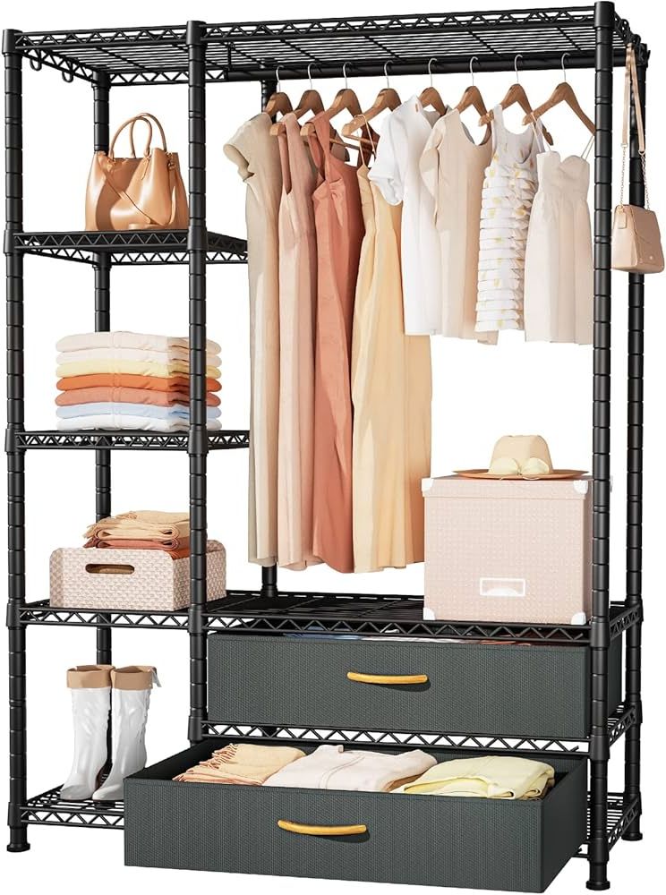 5 Tiers Wardrobes Intended For 2017 Amazon: Ulif F3 Freestanding Closet Garment Rack, 5 Tiers Adjustable  Heavy Duty Clothes Organizer Storage With 2 Fabric Drawers, Suitable For  Bedroom, Apartment, And Cloakroom, 39.4"w X 14.5"d X  (View 9 of 10)