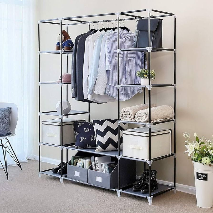 5 Tiers Wardrobes Throughout Recent Amazon: Karl Home 5 Tiers 12 Compartment Portable Wardrobe Closet,  Closet Storage Organizers With Shelves And Cover For Hanging Clothes,  Non Woven Fabric, 58" L X 17" W X 69" H, Black : Home (View 7 of 10)