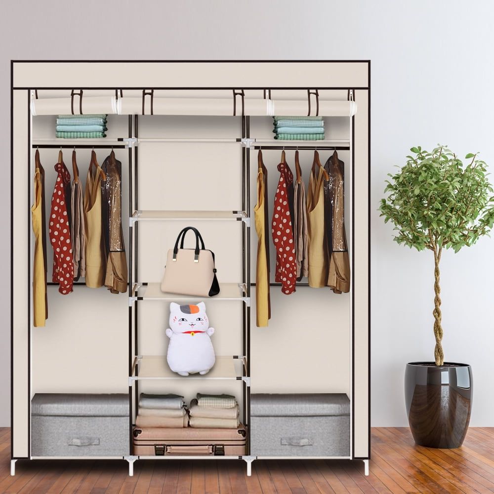 5 Tiers Wardrobes With Regard To Fashionable Hassch 5 Tiers Wardrobe Closet Portable Clothes Storage Organizer With  Double Hanging Rod For Bedroom, Beige – Walmart (Photo 4 of 10)