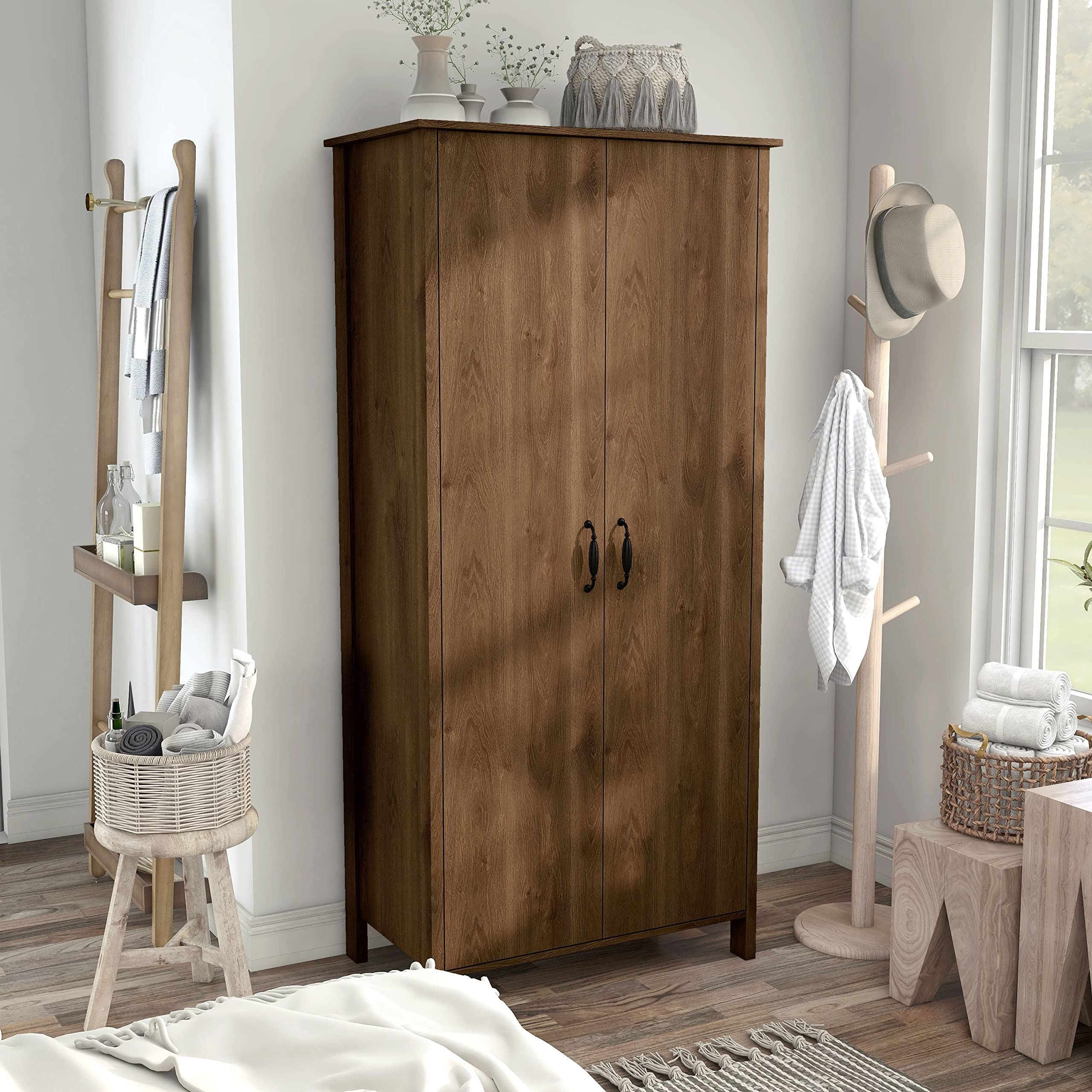 Amazon – Distressed Walnut Double Doors Wardrobe Closet With Shelves  Brown Traditional Transitional Mdf Within Popular Traditional Wardrobes (Photo 10 of 10)