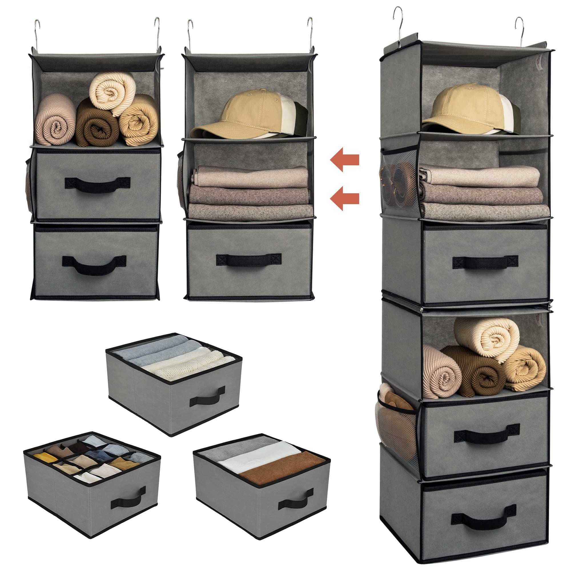 Amazon: Granny Says 6 Shelf Hanging Closet Organizer, Separable To 2  Pack 3 Shelf, Closet Organization And Storage With 3 Different Drawers, 4  Side Pockets Wardrobe Clothes Organizer, Gray, 1 Pack : Home & Kitchen Inside Most Recent 2 Separable Wardrobes (View 2 of 10)