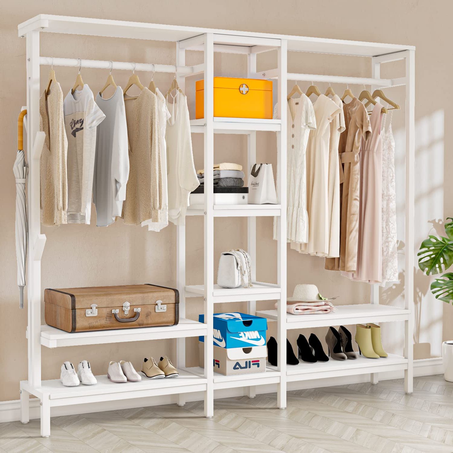 Amazon: Hokeeper Heavy Duty Free Standing Closet Organizer With 8  Shelves And Coat Rack Extra Large Wardrobe Closet Clothing Rack For Hanging  Clothes Closet Storage Garment Rack For Bedroom 1000lbs White : Regarding Best And Newest Standing Closet Clothes Storage Wardrobes (View 6 of 10)