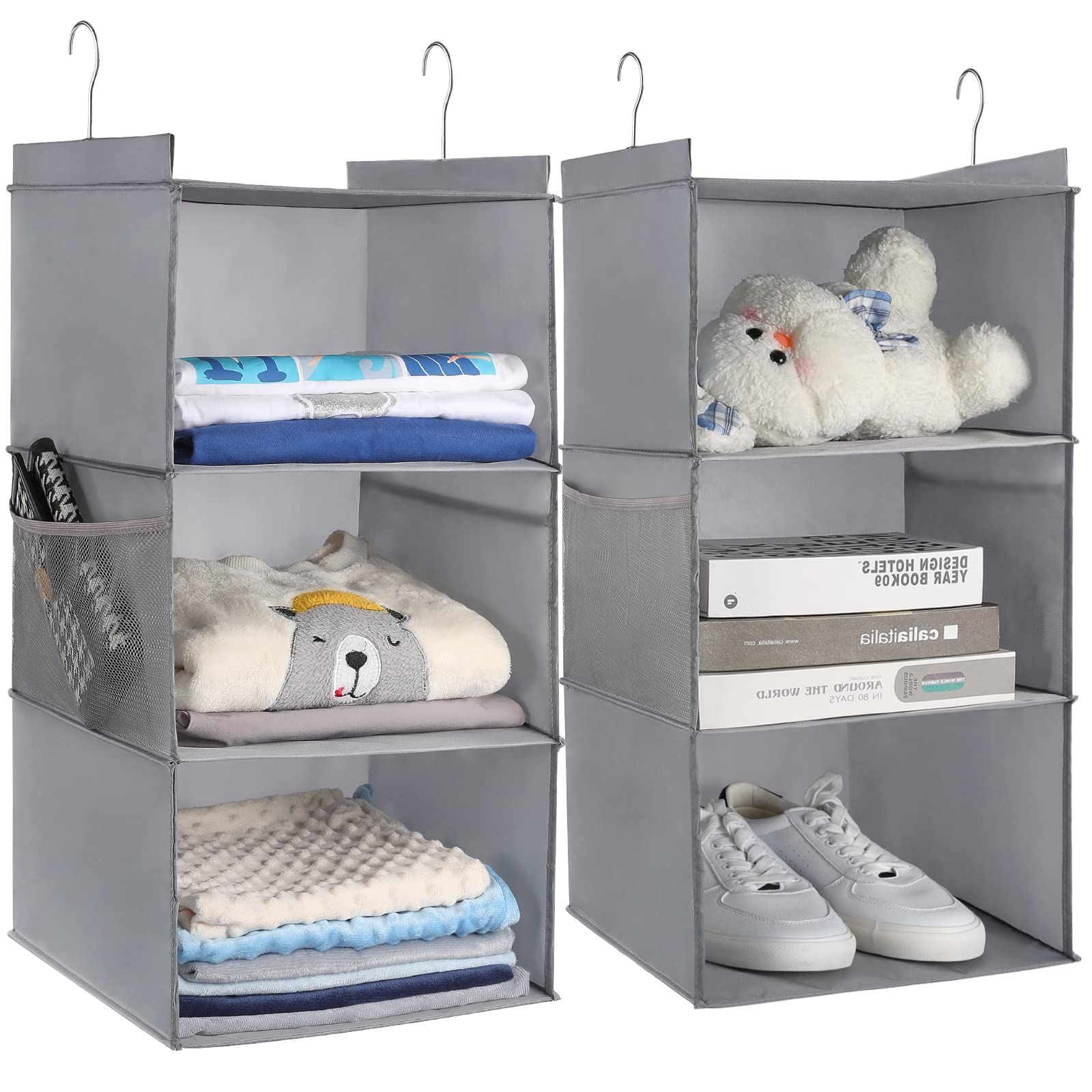 Amazon: Layerspace 2 Pack Hanging Closet Organizer 3 Shelf, Large Size Hanging  Shelves For Closet With Side Pocket, Linen, 12.2" D X 12.2" W X 27.9" H,  Dark Grey : Home & Kitchen Within Well Liked 3 Shelf Hanging Shelves Wardrobes (Photo 9 of 10)