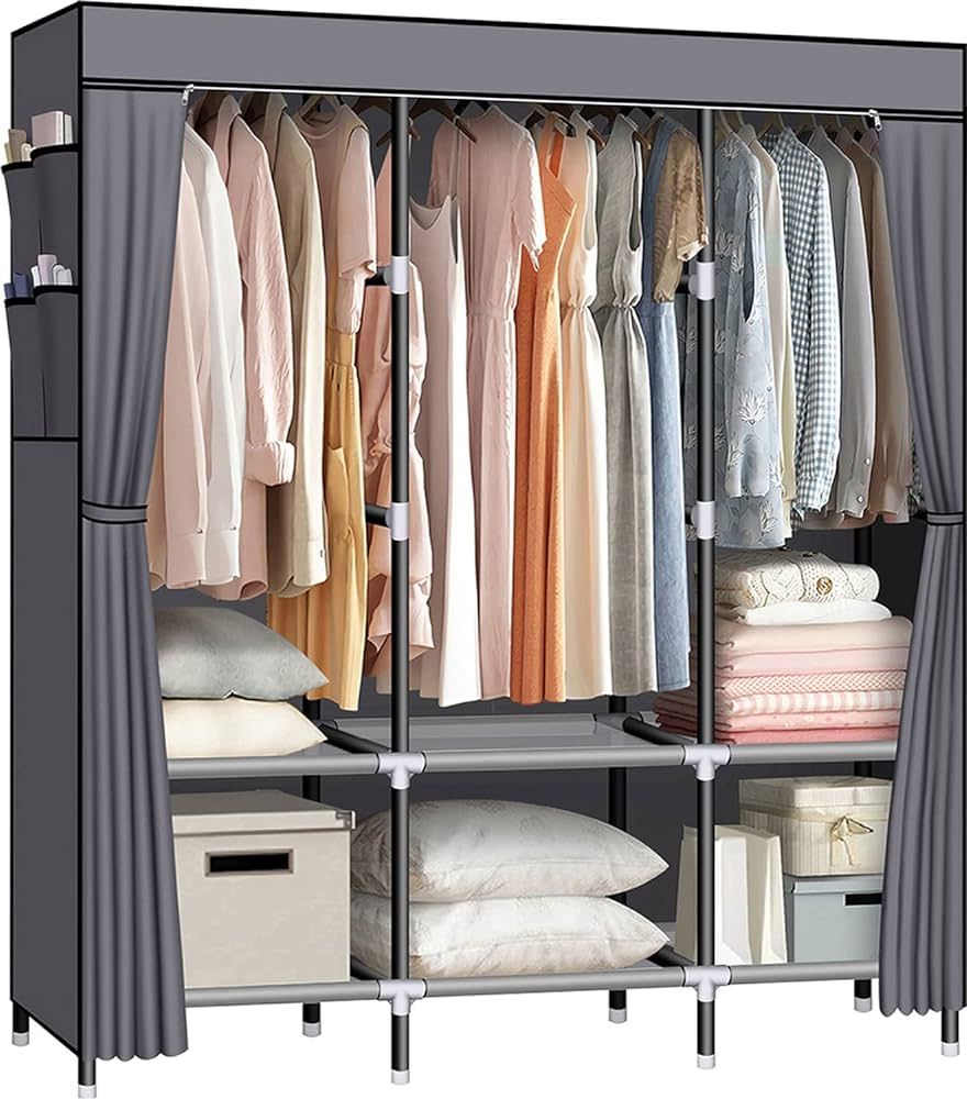 Amazon: Lokeme Portable Closet, 61 Inch Portable Wardrobe With 3  Hanging Rods And 6 Storage Shelves, Non Woven Fabric, Stable And Easy  Assembly Grey Portable Closets For Hanging Clothes With Side Pockets : Home In Well Liked Portable Wardrobes (View 5 of 10)