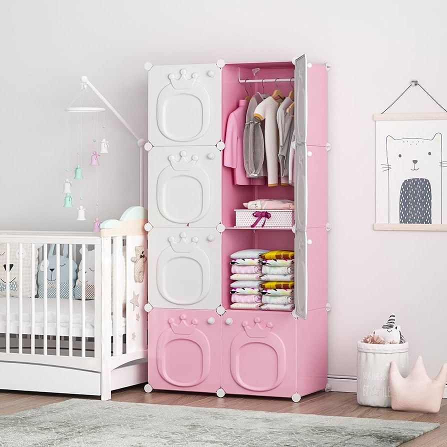 Amazon: Maginels Kids Closet Baby Wardrobe Dresser For Kids Bedroom  Nursery Armoire Clothes Hanging Closet With Doors, Pink, 8 Cubes : Home &  Kitchen Inside Well Known Nursery Wardrobes (Photo 2 of 10)