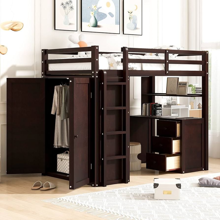 Amazon: Merax Twin Size Loft Bed With Drawers, Desk, And Wardrobe, No  Box Spring Needed (espresso) : Home & Kitchen Inside Most Recently Released Espresso Wardrobes (View 7 of 10)