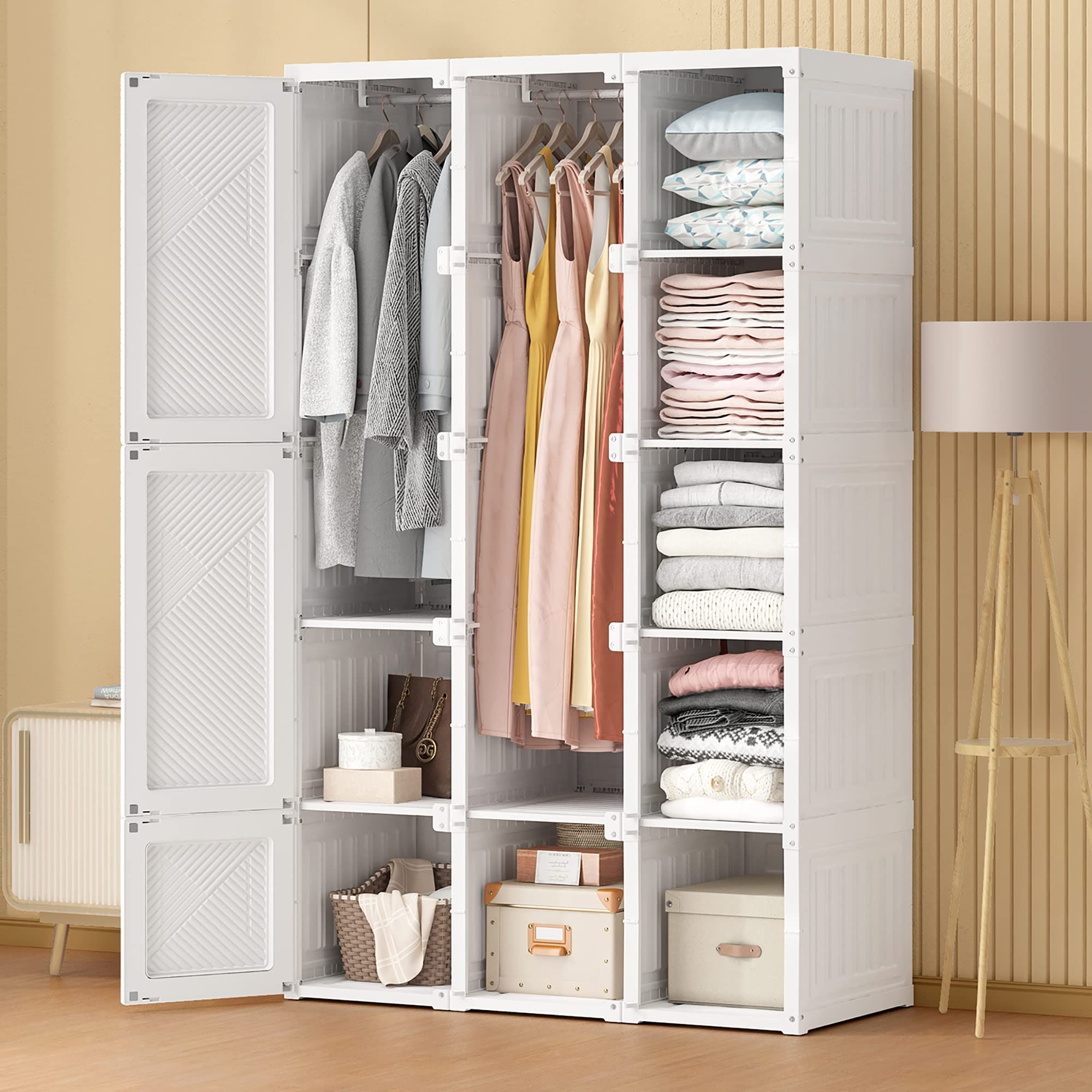 Amazon: Portable Closet Clothes Wardrobe Plastic Bedroom Armoire  14"x20" Depth Cube Storage Organizer With Hanging Rod And Doors，15 Cubes,  White (door Accessories) : Home & Kitchen With Best And Newest Wardrobes With Shelf Portable Closet (Photo 8 of 10)