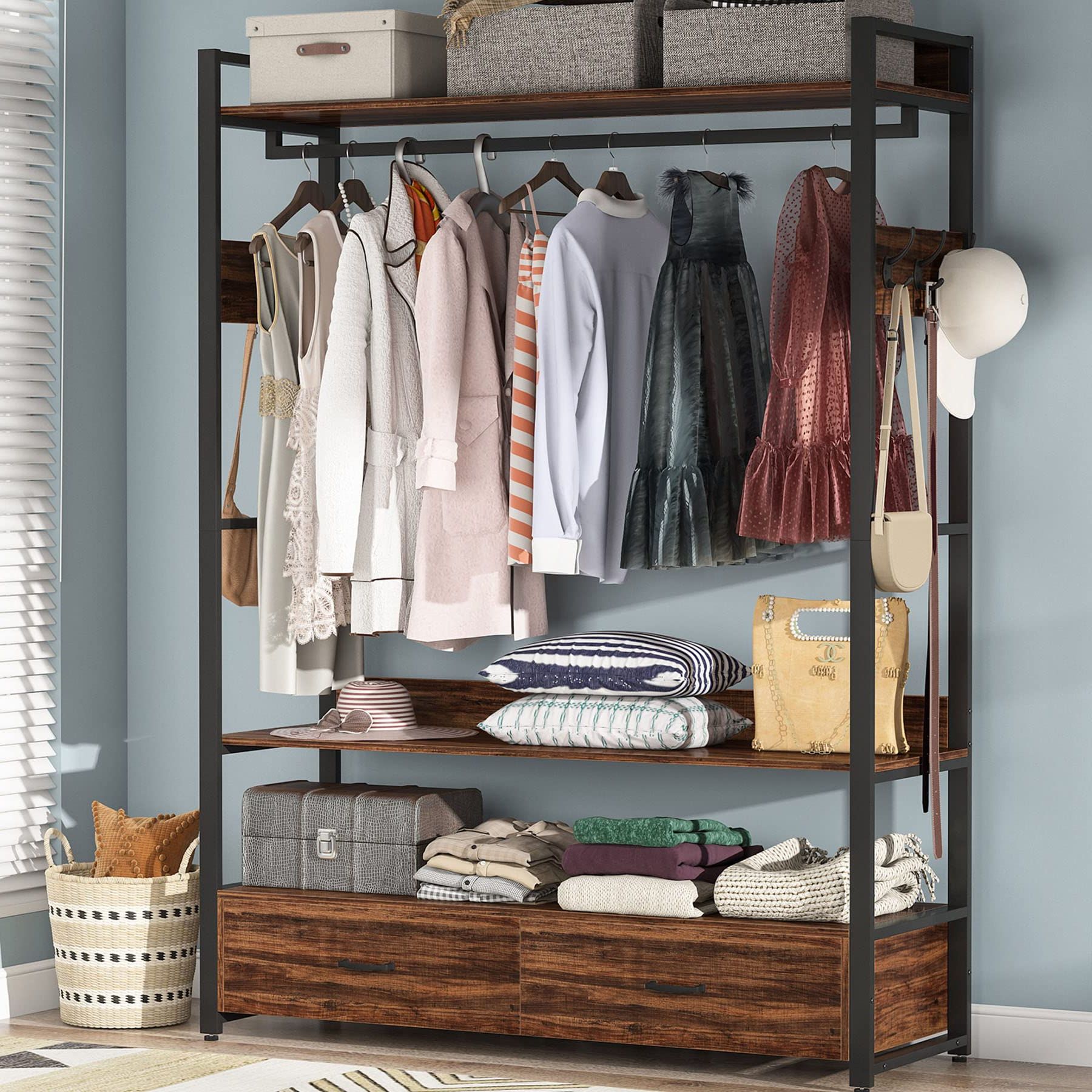 Amazon: Tribesigns Freestanding Clothes Rack Shelves, Closet Organizer  With Shelves Drawers And Hooks, Heavy Duty Garment Clothing Wardrobe Storage  Shelving With Hanging Rod, Rustic : Home & Kitchen In Popular Standing Closet Clothes Storage Wardrobes (View 9 of 10)