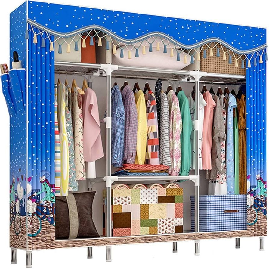 Amazon: Zzbiqs Extra Large Wardrobe Clothes Storage Closet, Portable  Garment Organizer Shelves Rack, Flannel Fabric Cover Standing Closet With  Hang Rod And 2 Side Pockets(blue) : Everything Else With Preferred Extra Wide Portable Wardrobes (Photo 3 of 10)