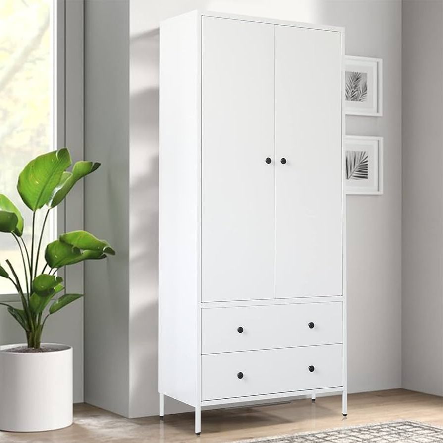 Best And Newest Wardrobes With Two Drawers For Amazon: Besfur Wardrobe Closet, Metal Armoires And Wardrobes With Two  Drawers, Adjustable Hanging Rod, 20" D*31.5" W*74" H – White : Home &  Kitchen (Photo 2 of 10)