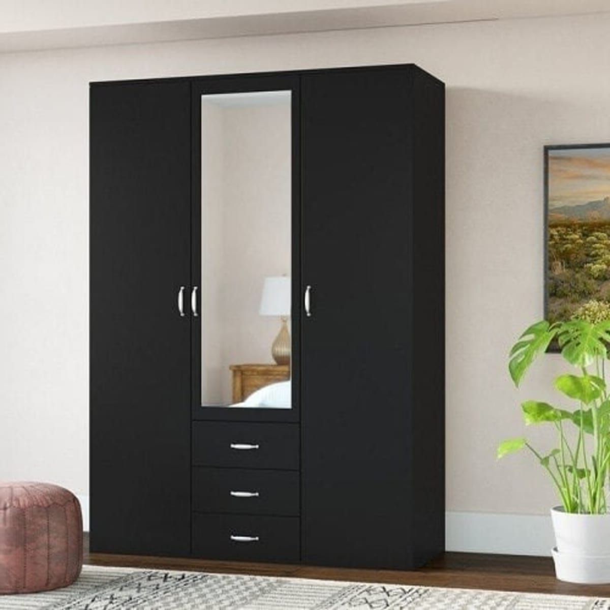 Beyond 3 Door Wardrobe With 3 Drawer And Mirror Black (View 10 of 10)