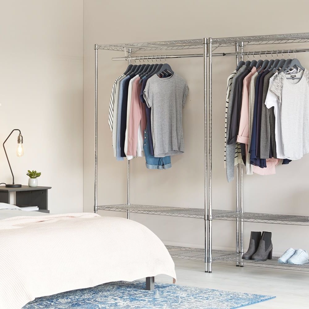 Chrome Garment Wardrobes Intended For Well Liked Chrome Clothes Rack With Wheels – 900mm Wide, 3 Shelves & 1 Hanging Rail (Photo 2 of 10)