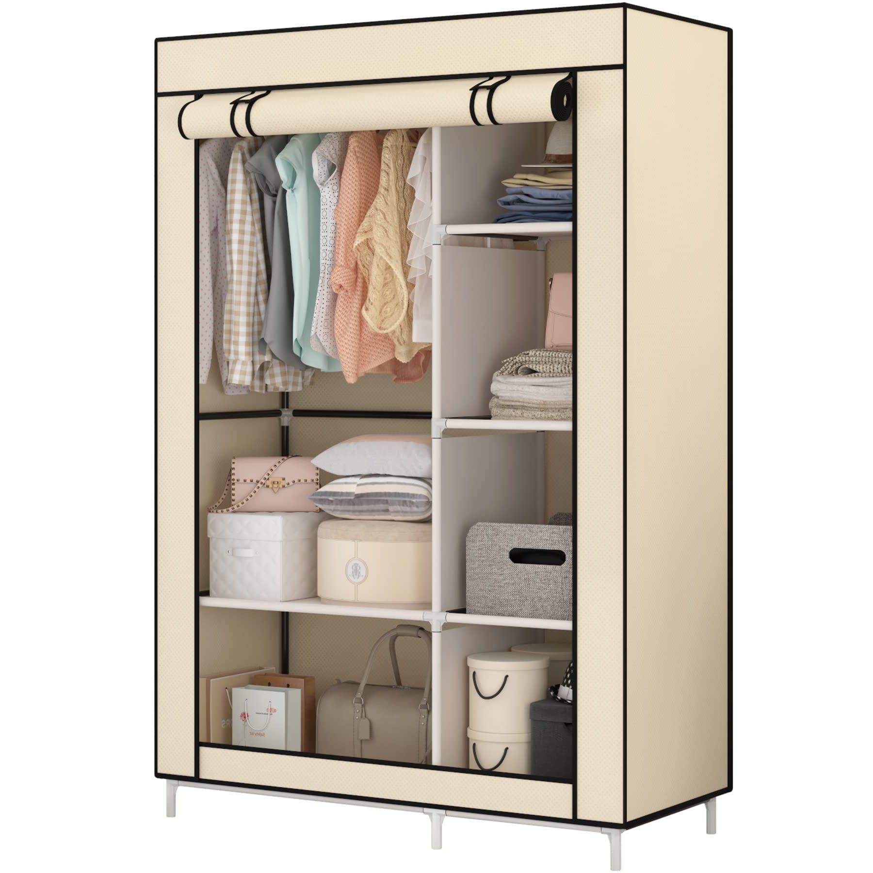 Current 6 Shelf Non Woven Wardrobes Throughout Amazon: Calmootey Closet Storage Organizer,portable Wardrobe With 6  Shelves And Clothes Rod,non Woven Fabric Cover With 4 Side Pockets,beige :  Home & Kitchen (View 4 of 10)