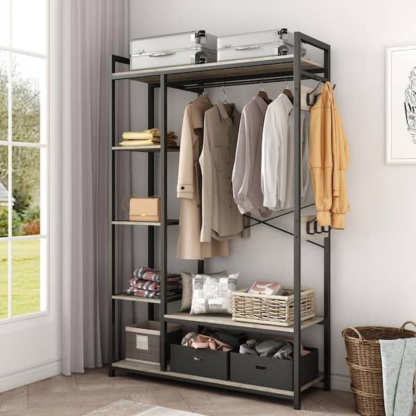 Current Yofe Light Ivory Wooden Clothes Rack With Metal Frame Closet Organizer  Portable Garment Rack With 2 Storage Box & Side Hook  Camyiy Gi41554w1162 Crack01 – The Home Depot For Clothes Organizer Wardrobes (View 6 of 10)