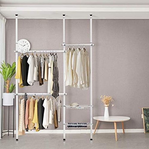 Double 2 Tier Adjustable Closet System, Floor To Ceiling Clothes Hanger  With 2 Storage Baskets & Inner Spring, Clothing Garment Rack Telescopic  Closet Organizer For Living Room, Bedroom – Walmart Inside Most Recent 2 Tier Adjustable Wardrobes (Photo 4 of 10)