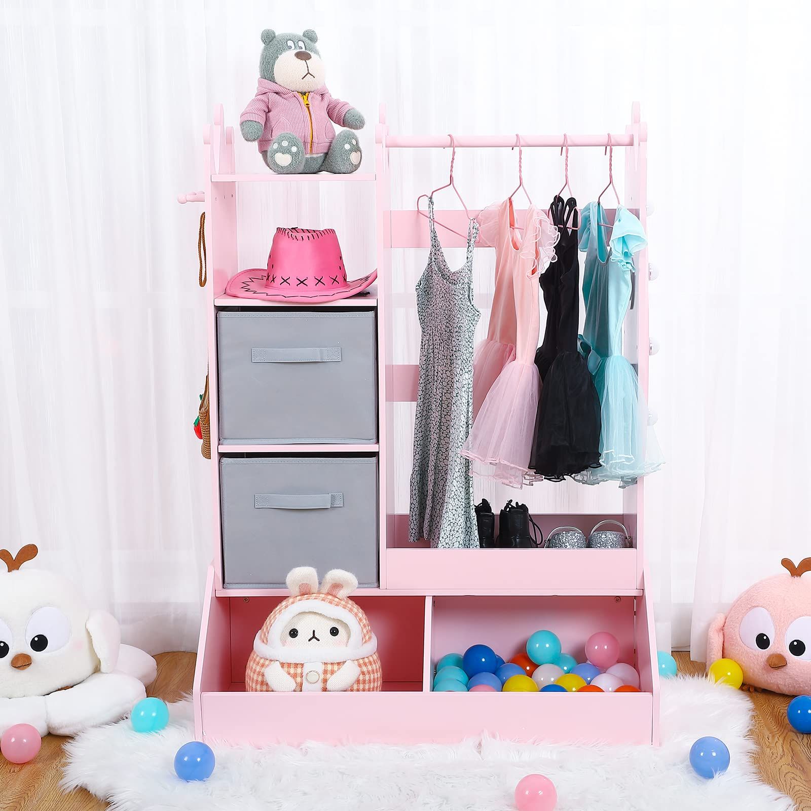 Famous Amazon: Bophy Girls' Dress Up Storage With Light & Mirror, Kids  Clothing Rack With Storage Bin, Girl's Open Hanging Armoire Closet, Pink :  Home & Kitchen Within Wardrobes With 2 Bins (Photo 2 of 10)