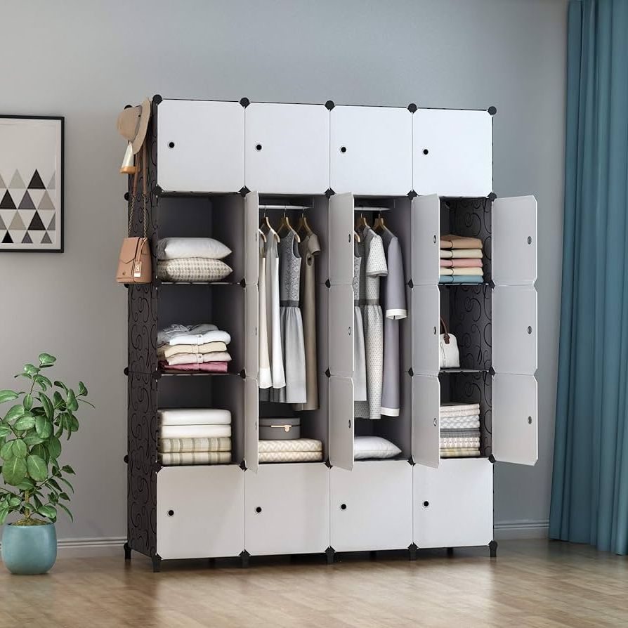 Famous Wardrobes With Cube Compartments Intended For Homidec Portable Wardrobe 20 Cube Closet With 3 Clothes Hanging Rails,  14"x18" Deeper Cube Combination Armoire Space Saving Modular Cabinet  Storage Organizer For Bedroom Clothes Shoes Toys : Amazon.co.uk: Home &  Kitchen (Photo 2 of 10)