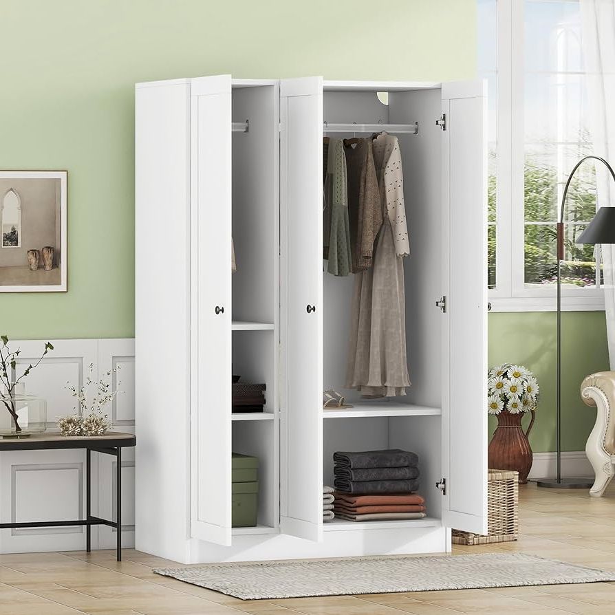 Fashionable Wardrobes With 3 Hanging Rod With Regard To Amazon: Wadri 3 Door Shutter Wardrobe With Shelves And Hanging Rod,  Wardrobe Armoire Closet With 3 Door, Wood Clothes Storage Cabinet  Organizer, Clothes Storage Cabinet Organizer For Small Spaces : Home &  Kitchen (Photo 3 of 10)