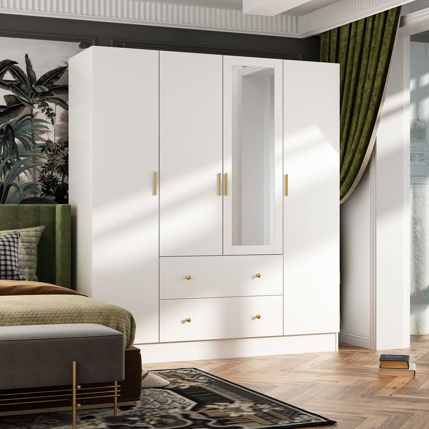 Fashionable Wardrobes With 4 Shelves Intended For Amazon: Famapy 4 Door Wardrobe Closet With Mirror, Armoires And  Wardrobes With Drawers And Shelves, Armoire Wardrobe Closet With Hanging  Rod, Bedroom Armoires White (63”w X 19.7”d X 70.9”h) : Home & Kitchen (Photo 8 of 10)