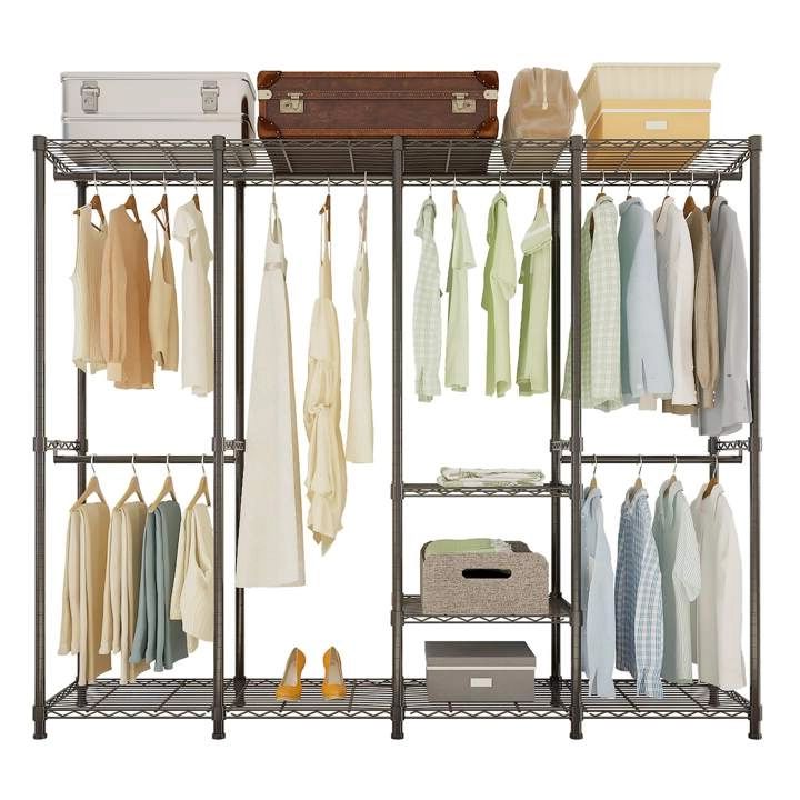 Freestanding Closet Wardrobe,wire Garment Rack Heavy Duty Clothes Rack, Closet Organizer Metal Garment Rack Portable Clothes Hanger Home Shelf (5  Rows Of Hanging Bar Plus 7 Layers Of Shelves With 1 Row Of Throughout Favorite Wire Garment Rack Wardrobes (Photo 10 of 10)