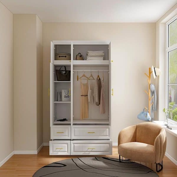 Fufu&gaga White 6 Door Big Wardrobe Armoires With Hanging Rod, 4 Drawers,  Storage Shelves 93.7 In. H X 47.2 In. W X 20.6 In. D Kf250022 0123 – The  Home Depot Pertaining To Well Known Wardrobes With 4 Shelves (Photo 10 of 10)