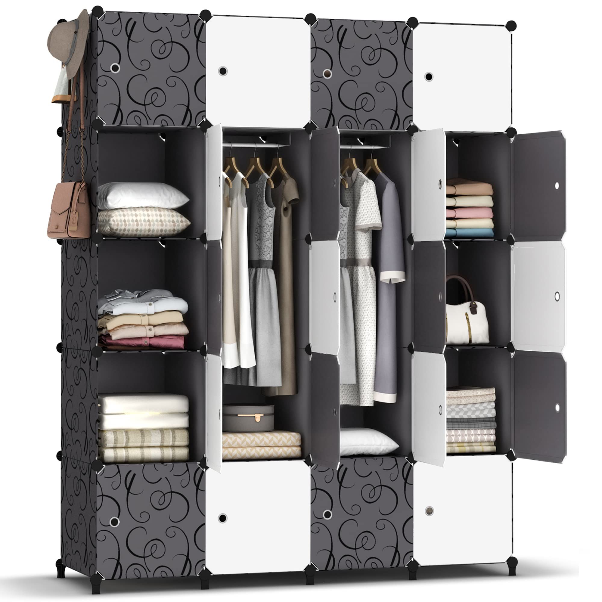 Homidec Portable Wardrobe 20 Cube Closet With 3 Clothes Hanging Rails,  14"x18" Deeper Cube Combination Armoire Modular Cabinet Storage Organizer  For Bedroom Clothes Shoes Toys, Black & White : Amazon.co.uk: Home & For Famous Wardrobes With Cube Compartments (Photo 1 of 10)