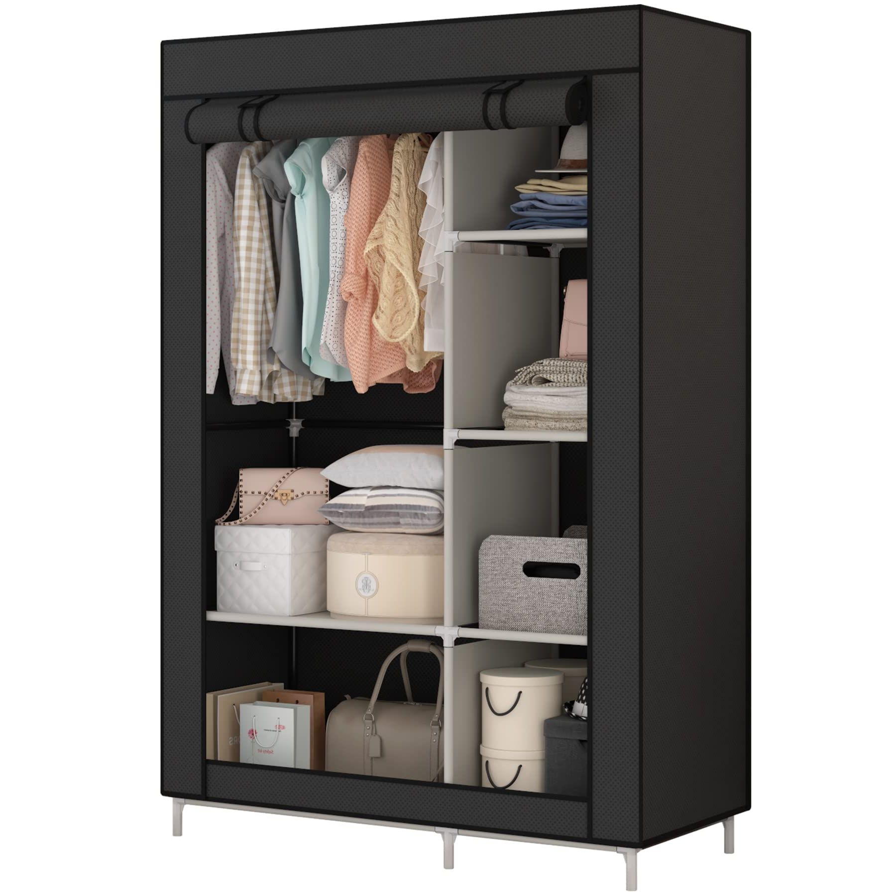Latest Amazon: Calmootey Closet Storage Organizer,portable Wardrobe With 6  Shelves And Clothes Rod,non Woven Fabric Cover With 4 Side Pockets,black :  Home & Kitchen In 6 Shelf Non Woven Wardrobes (View 2 of 10)