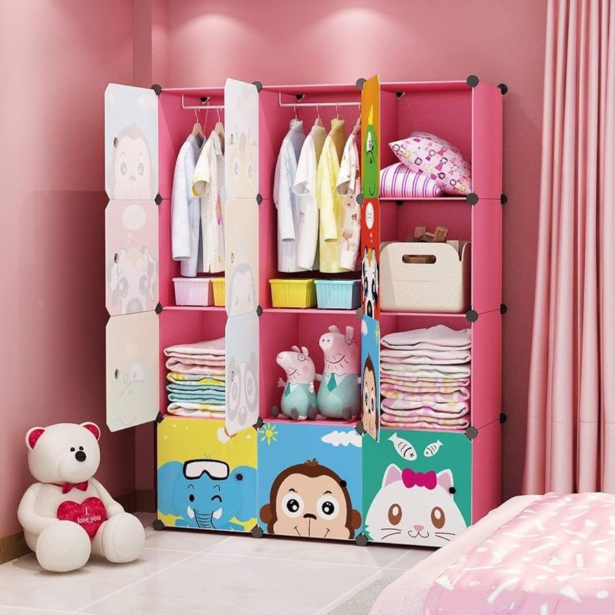 Maginels Plastic Alloy Steel Children Wardrobe Kid Dresser Cute Baby  Portable Closet Bedroom Armoire Clothes Hanging Storage Rack Cube Organizer  Large Pink 8 Cube & 2 Hanging Section : Amazon (View 6 of 10)