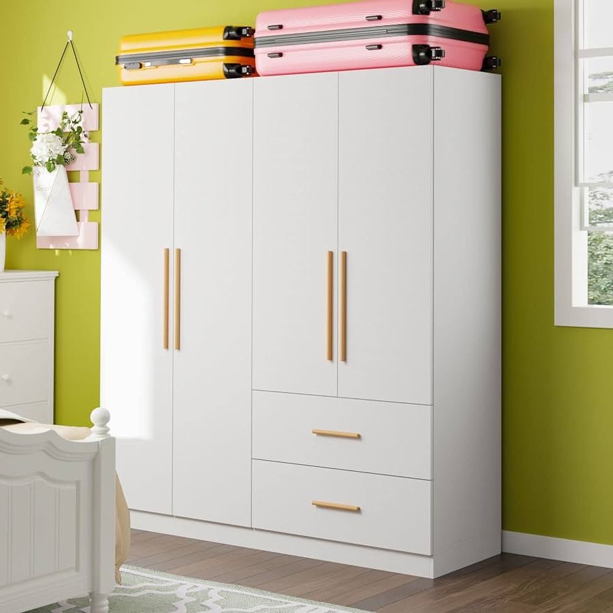 Most Current Amazon: Famapy 4 Doors Wardrobe With Drawers And Shelevs, Armoires  Wardrobe Closet With Hanging Rod, Wooden Handles, Armoires And Wardrobes  For Bedroom White (63”w X 18.9”d X  (View 6 of 10)