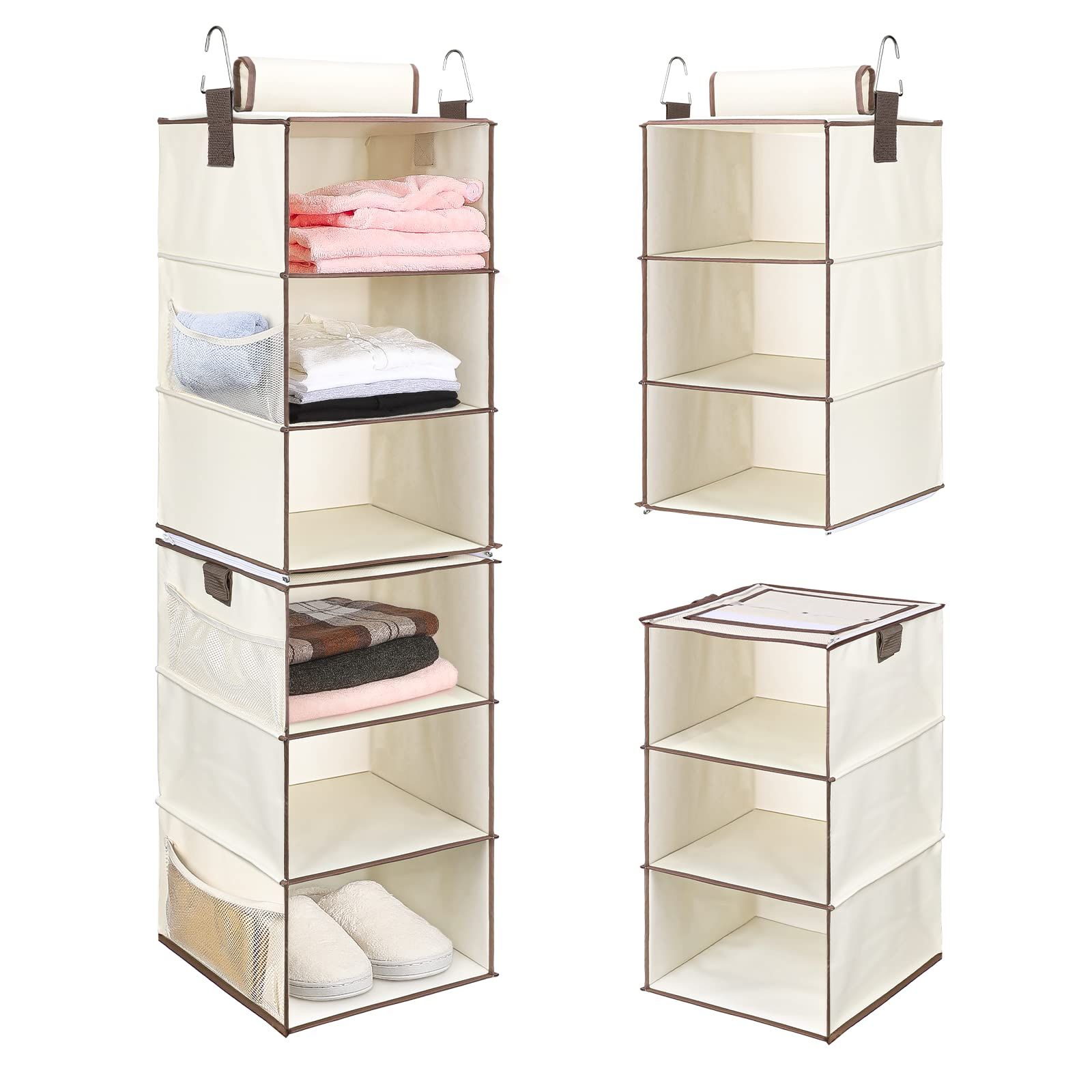 Most Current Amazon: Nestidy 2 Pack 3 Shelf Hanging Closet Organizers, Separable 6  Shelves Canvas Hanging Closet Shelves For Dorm, Nursery, Apartment  Essentials Clothes And Accessories Storage With 3 Side Pockets（beige） :  Home & Kitchen Inside 3 Shelf Hanging Shelves Wardrobes (View 8 of 10)